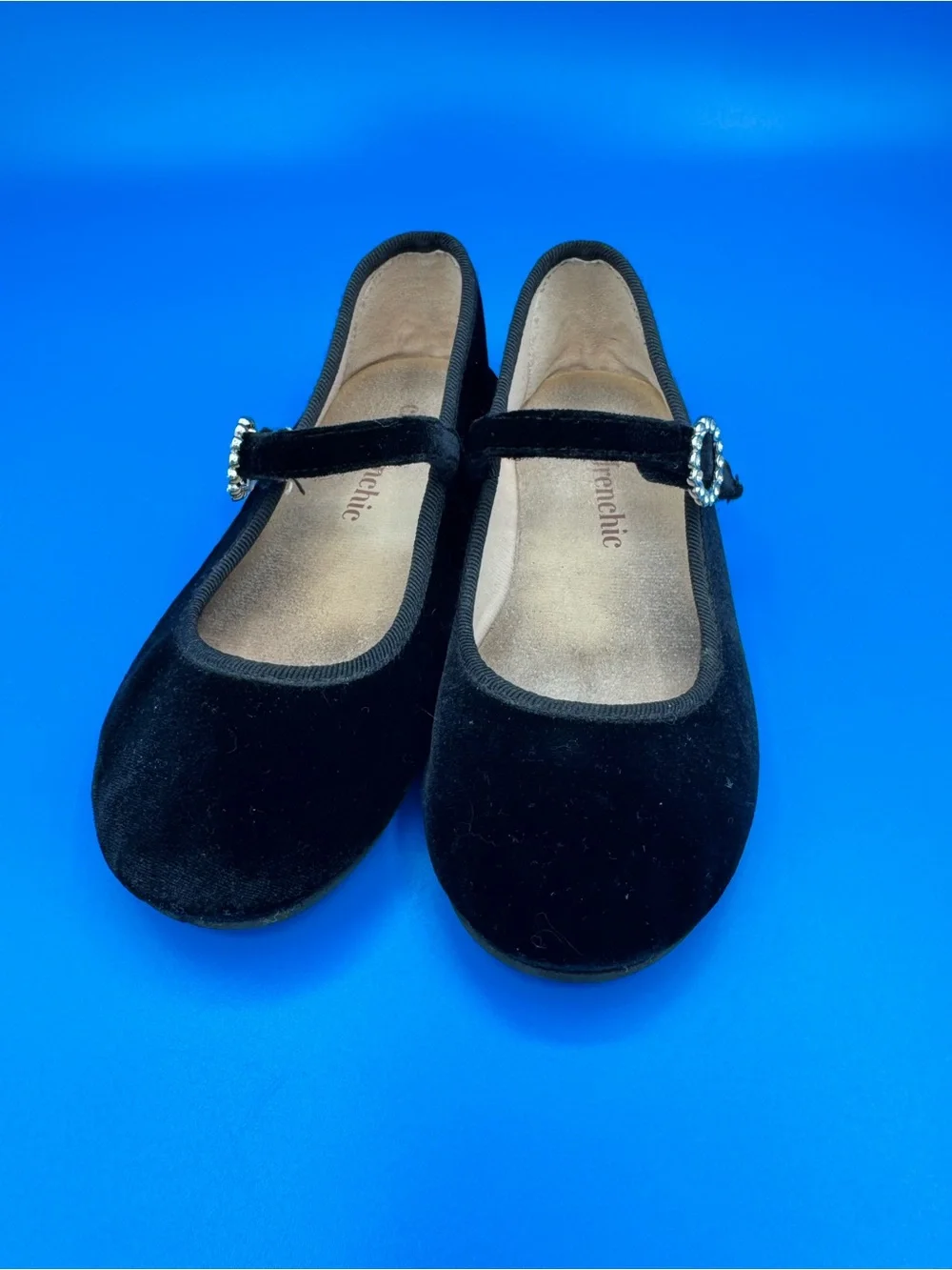 Childrenchic Black Velvet Mary Jane Flats with Gem Accent